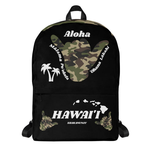 Camo Shaka Black Backpack - Hawai'i (WHT Words)
