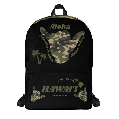 Camo Shaka Black Backpack - Hawai'i (Green Words)
