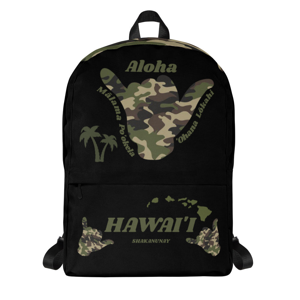 Camo Shaka Black Backpack - Hawai'i (Green Words)