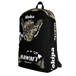 Camo Shaka Black Backpack - Hawai'i (WHT Words)