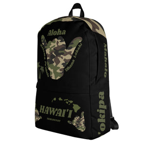 Camo Shaka Black Backpack - Hawai'i (Green Words)