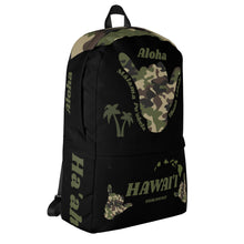 Load image into Gallery viewer, Camo Shaka Black Backpack - Hawai&#39;i (Green Words)